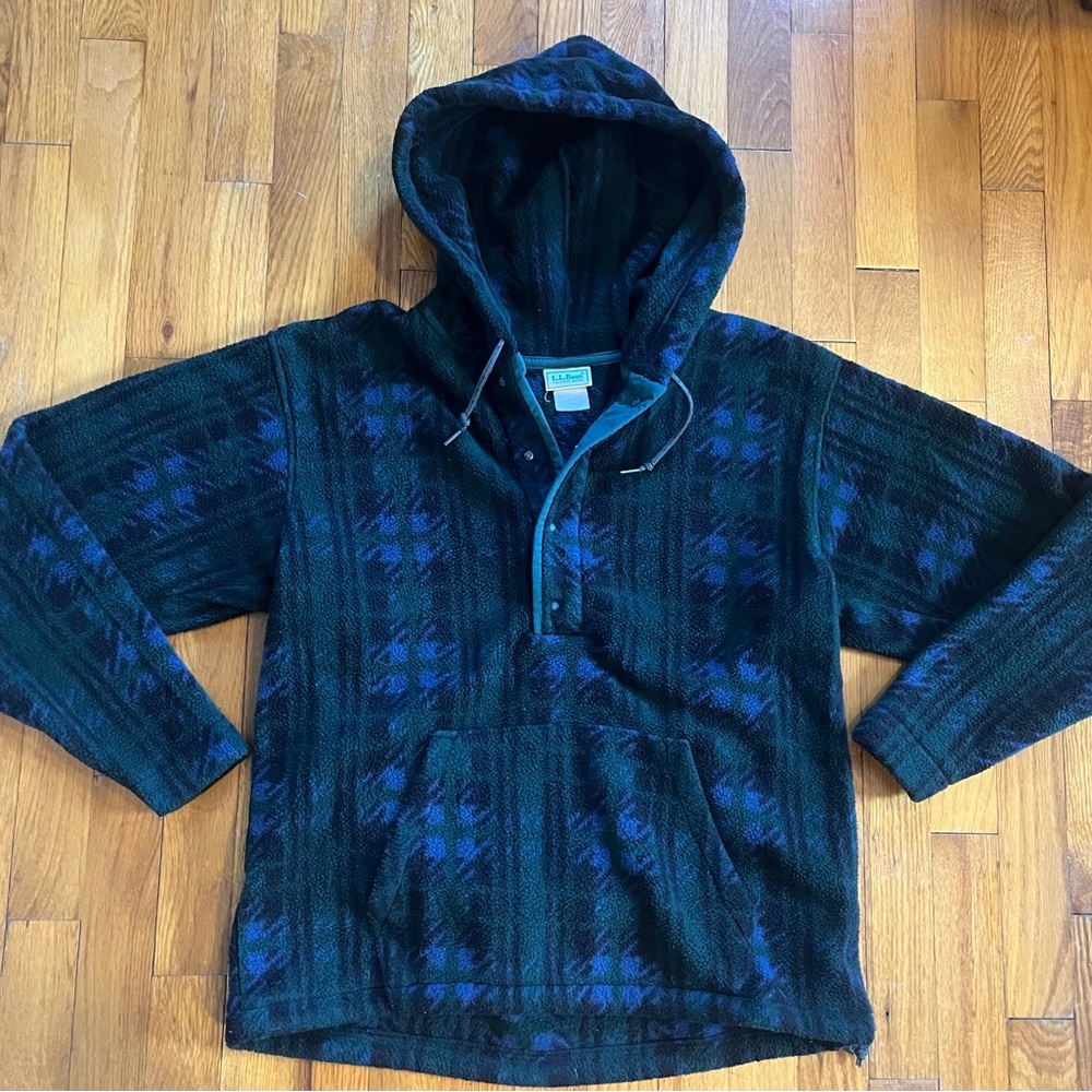 Vintage 90s L.L.Bean T Snap Green And Blue Plaid Fleece Hooded Pullover Size M